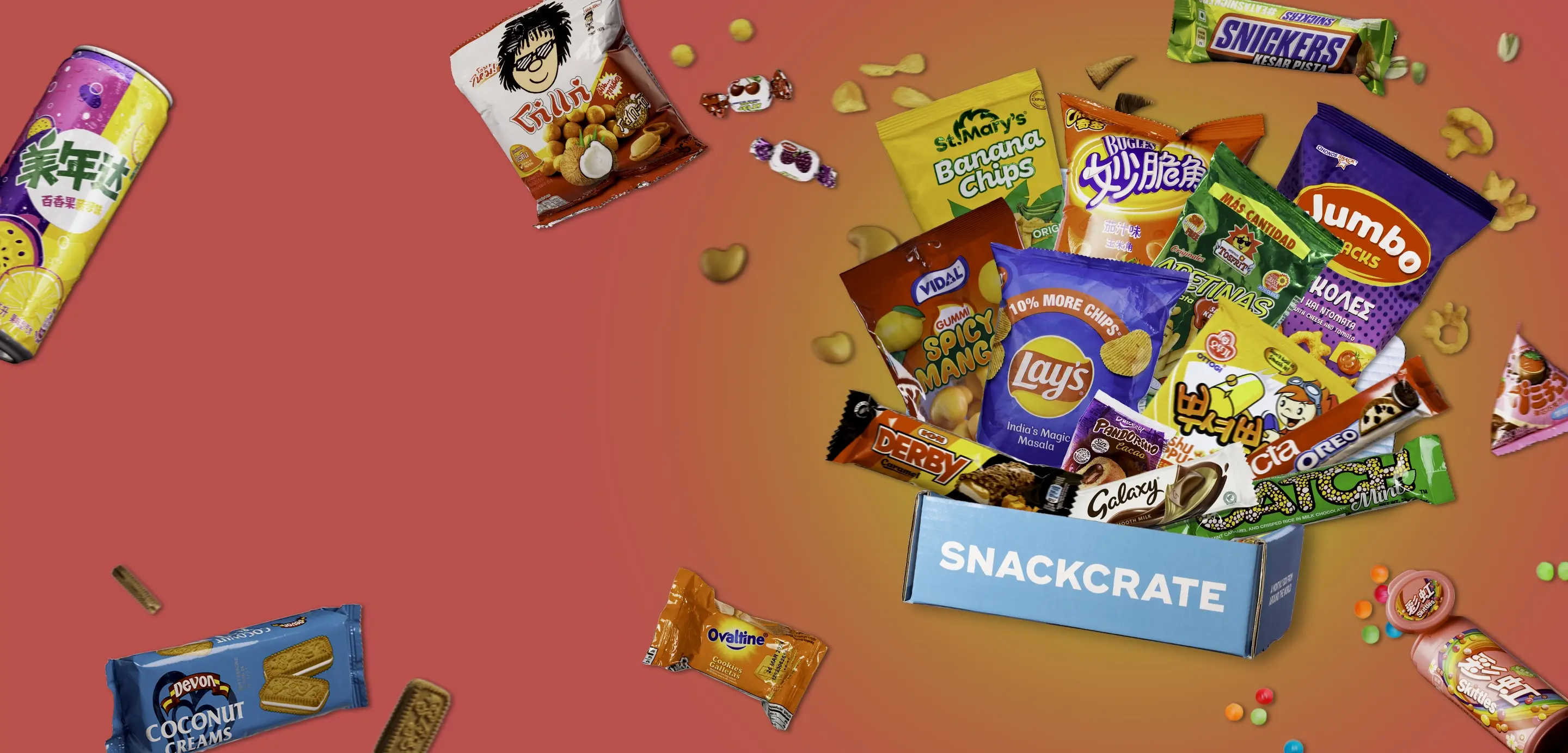 An open China SnackCrate overflowing with snacks on a red background.